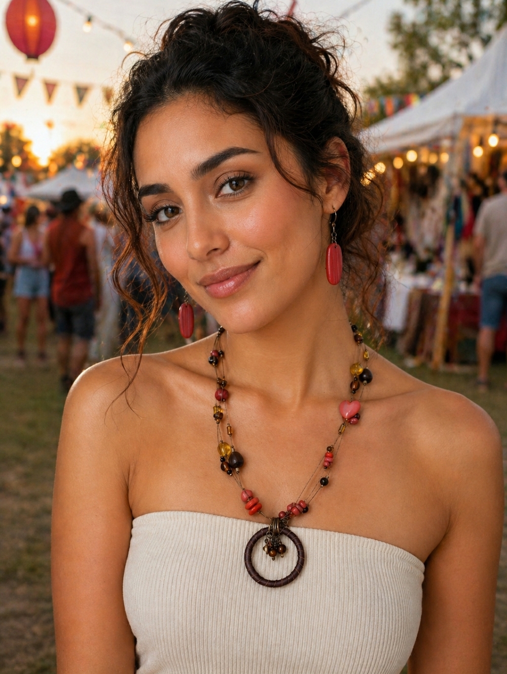 Coldwater Creek Boho Multicolor Beaded Wire Necklace with Red Accents
